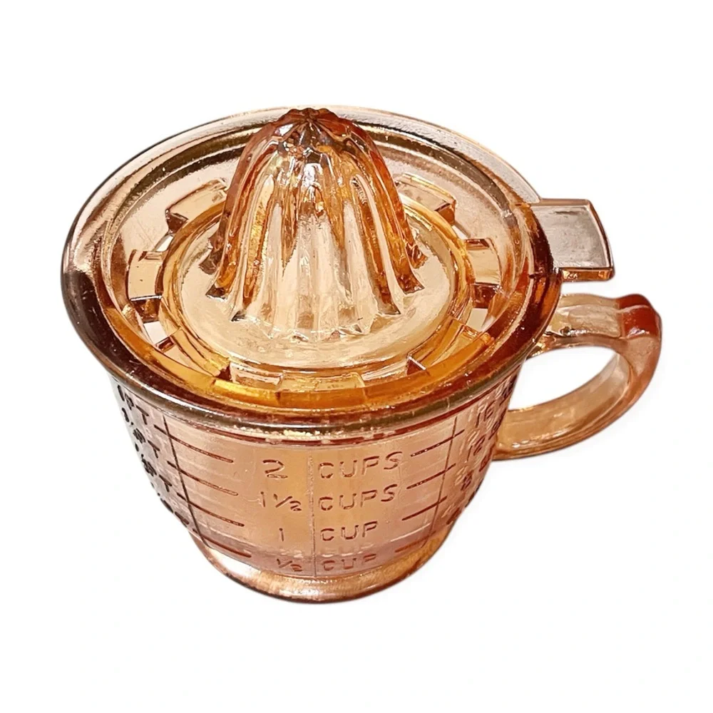 Depression Era Pink Peach Amber Glass Citrus Juicer Reamer w/2 Cup Measuring Cup - Picture 2 of 11